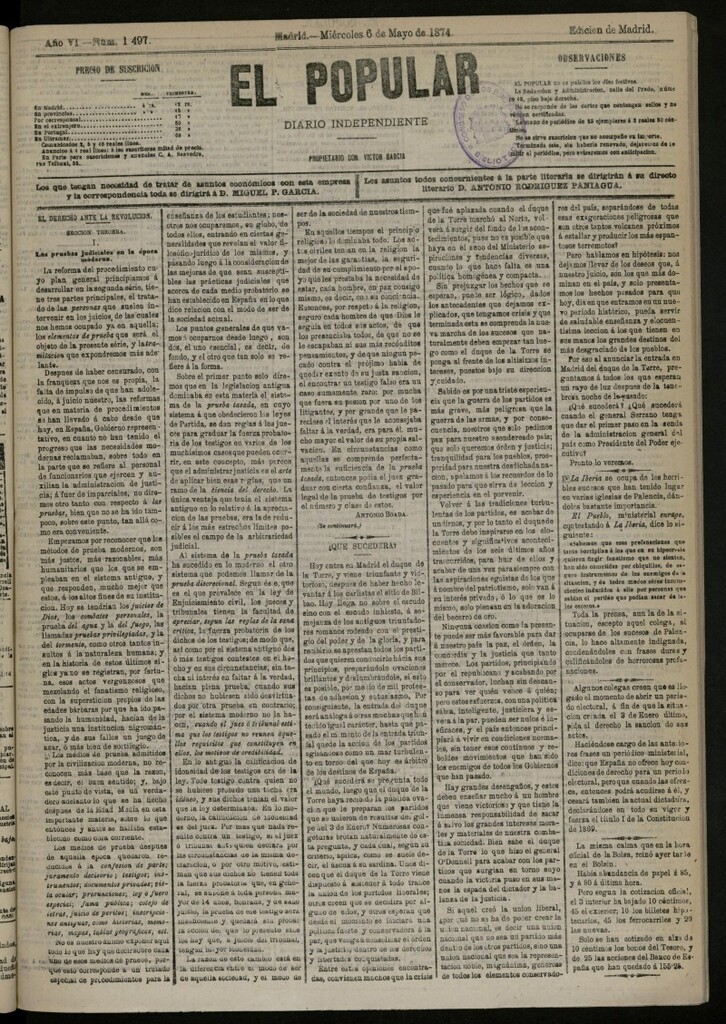 Miniatura de El Popular: diario independiente, político, literario y de noticias de interés general del 6 de mayo de 1874, nº 1497