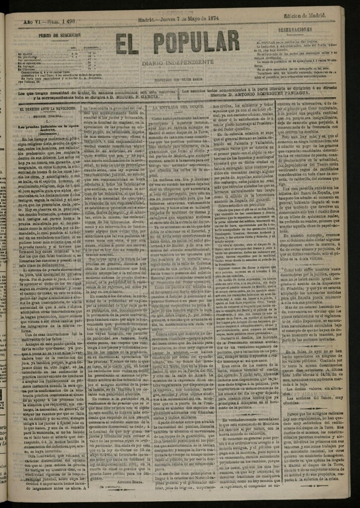 Miniatura de El Popular: diario independiente, político, literario y de noticias de interés general del 7 de mayo de 1874, nº 1498