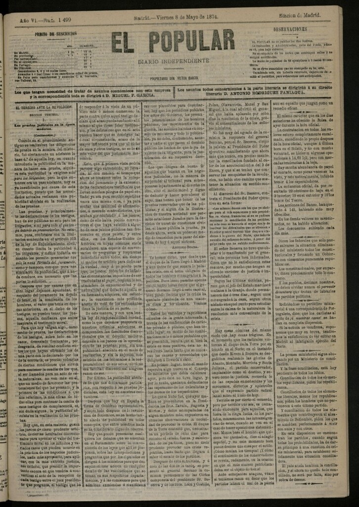 Miniatura de El Popular: diario independiente, político, literario y de noticias de interés general del 8 de mayo de 1874, nº 1499