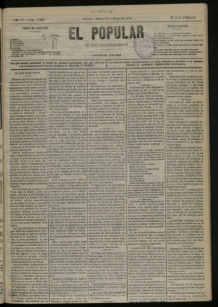 Miniatura de El Popular: diario independiente, político, literario y de noticias de interés general del 9 de mayo de 1874, nº 1500