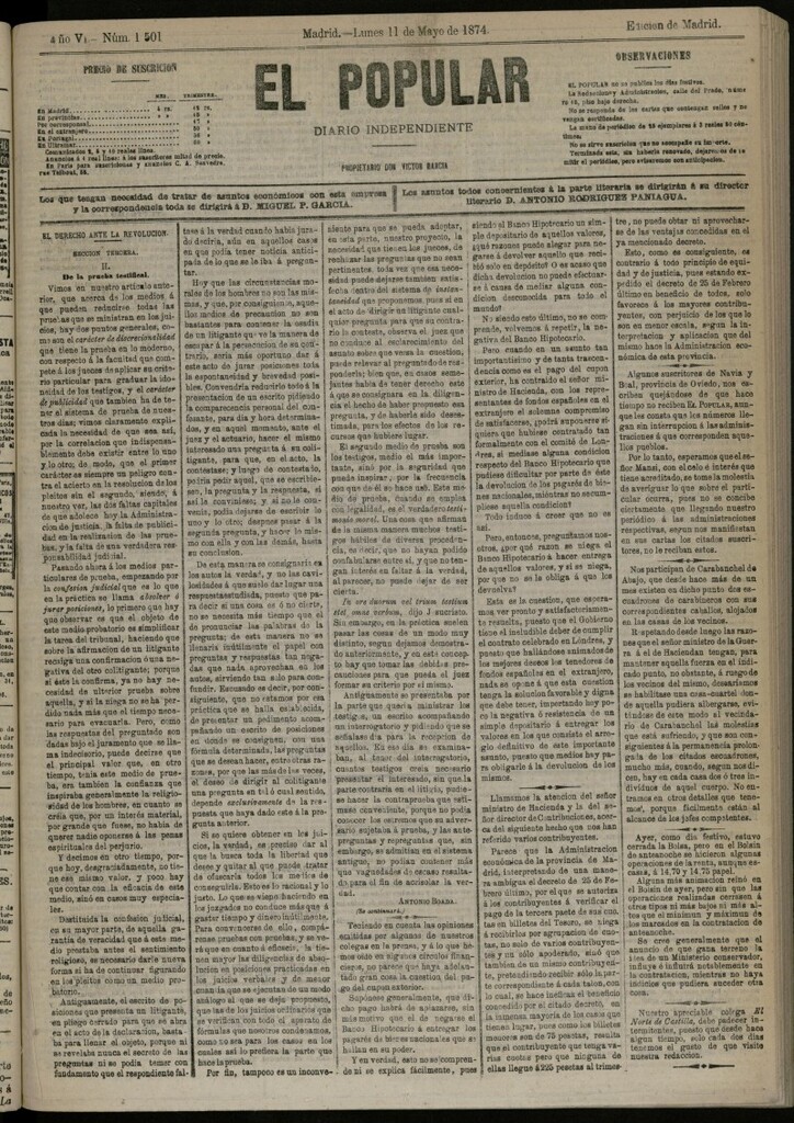 Miniatura de El Popular: diario independiente, político, literario y de noticias de interés general del 11 de mayo de 1874, nº 1501