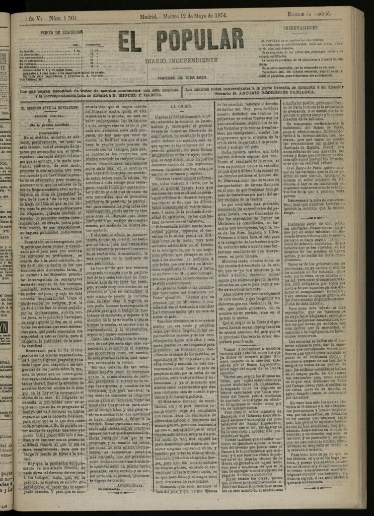 Miniatura de El Popular: diario independiente, político, literario y de noticias de interés general del 12 de mayo de 1874, nº 1502