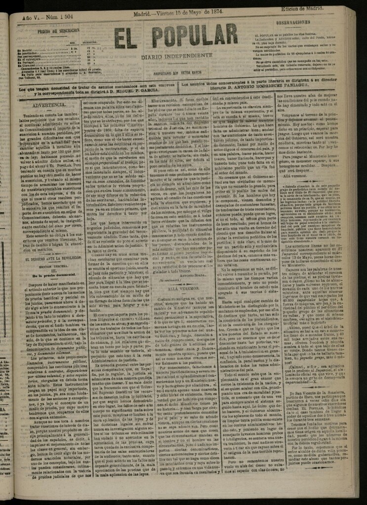Miniatura de El Popular: diario independiente, político, literario y de noticias de interés general del 15 de mayo de 1874, nº 1504