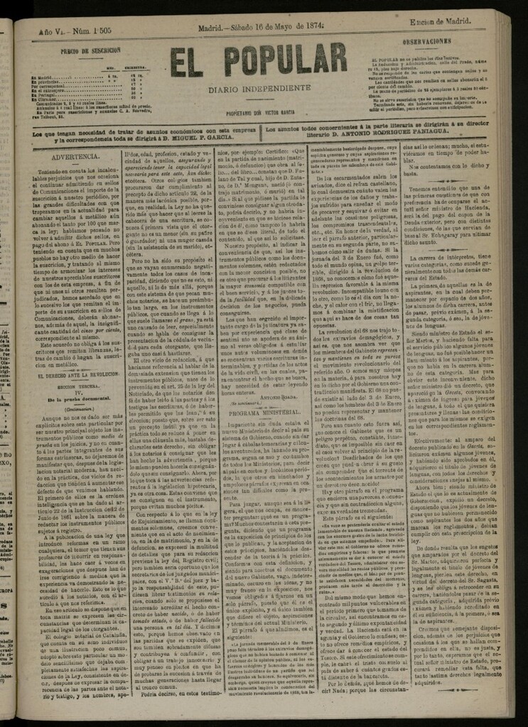Miniatura de El Popular: diario independiente, político, literario y de noticias de interés general del 16 de mayo de 1874, nº 1505