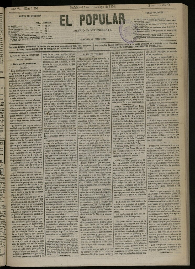 Miniatura de El Popular: diario independiente, político, literario y de noticias de interés general del 18 de mayo de 1874, nº 1506