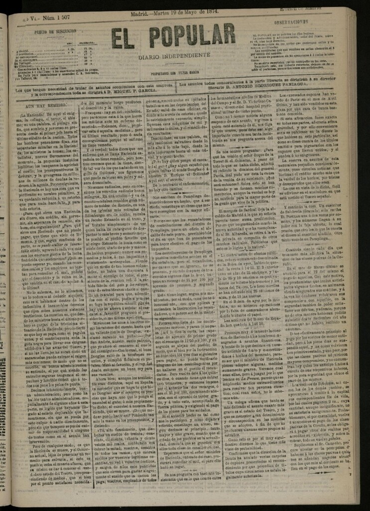 Miniatura de El Popular: diario independiente, político, literario y de noticias de interés general del 19 de mayo de 1874, nº 1507