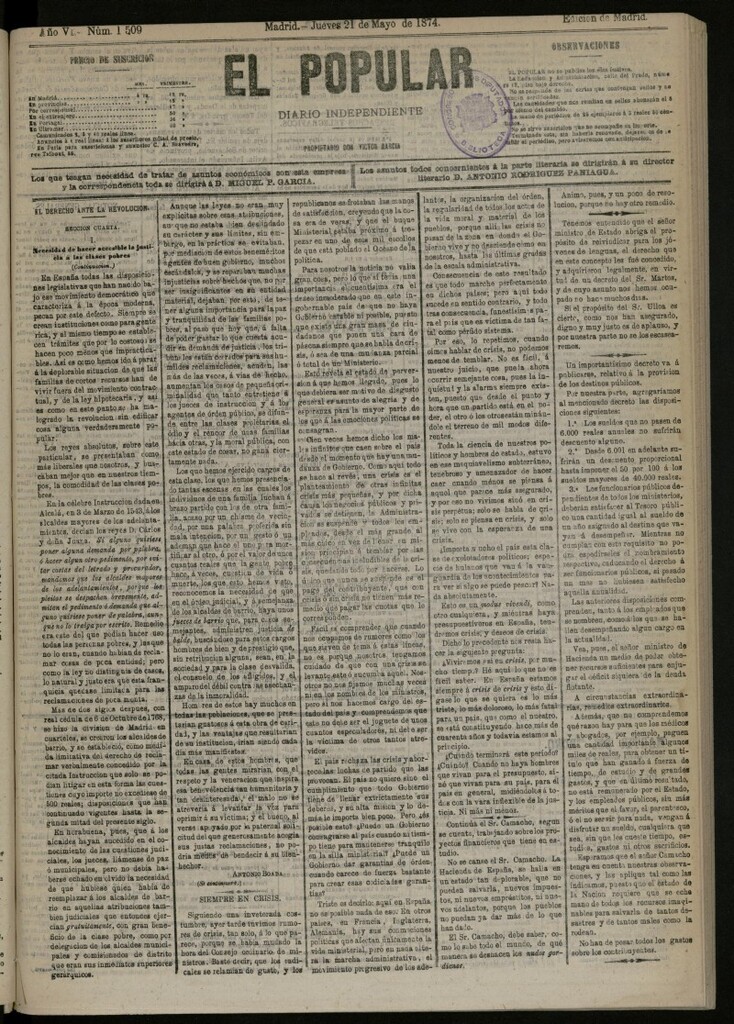 Miniatura de El Popular: diario independiente, político, literario y de noticias de interés general del 21 de mayo de 1874, nº 1509