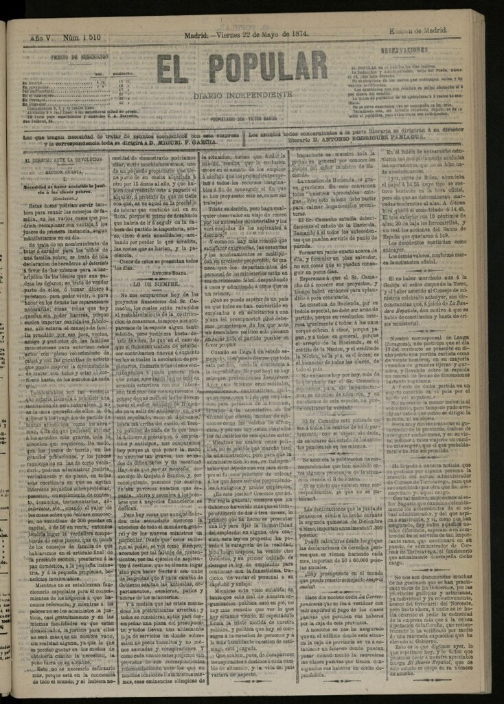 Miniatura de El Popular: diario independiente, político, literario y de noticias de interés general del 22 de mayo de 1874, nº 1510