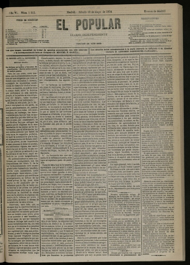 Miniatura de El Popular: diario independiente, político, literario y de noticias de interés general del 23 de mayo de 1874, nº 1511