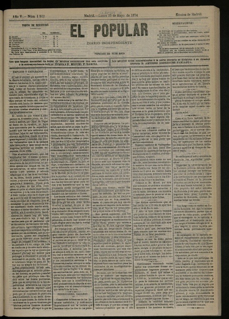 Miniatura de El Popular: diario independiente, político, literario y de noticias de interés general del 25 de mayo de 1874, nº 1512