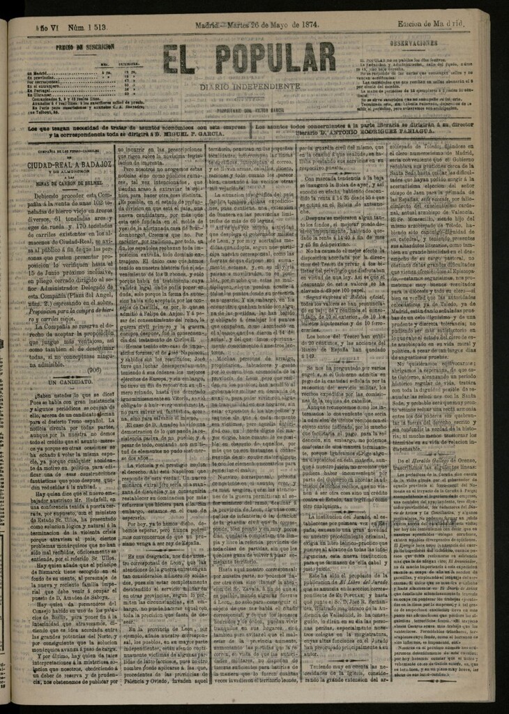 Miniatura de El Popular: diario independiente, político, literario y de noticias de interés general del 26 de mayo de 1874, nº 1513