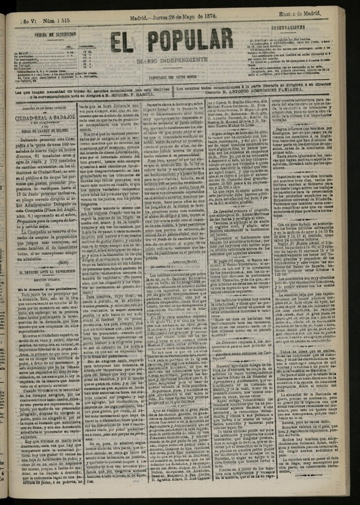 Miniatura de El Popular: diario independiente, político, literario y de noticias de interés general del 28 de mayo de 1874, nº 1515