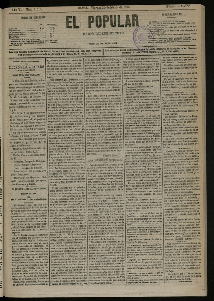 Miniatura de El Popular: diario independiente, político, literario y de noticias de interés general del 29 de mayo de 1874, nº 1516