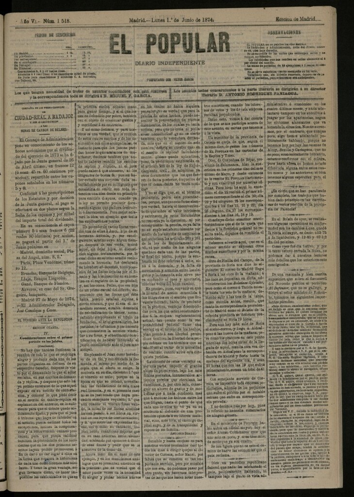 Miniatura de El Popular: diario independiente, político, literario y de noticias de interés general del 1 de junio de 1874, nº 1518