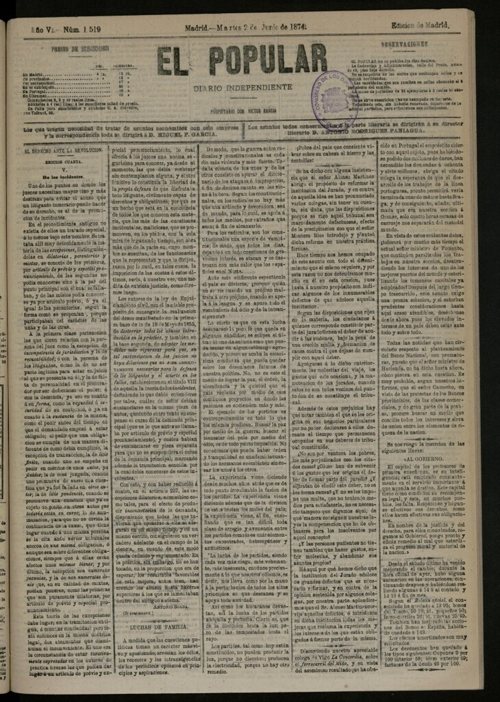 Miniatura de El Popular: diario independiente, político, literario y de noticias de interés general del 2 de junio de 1874, nº 1519