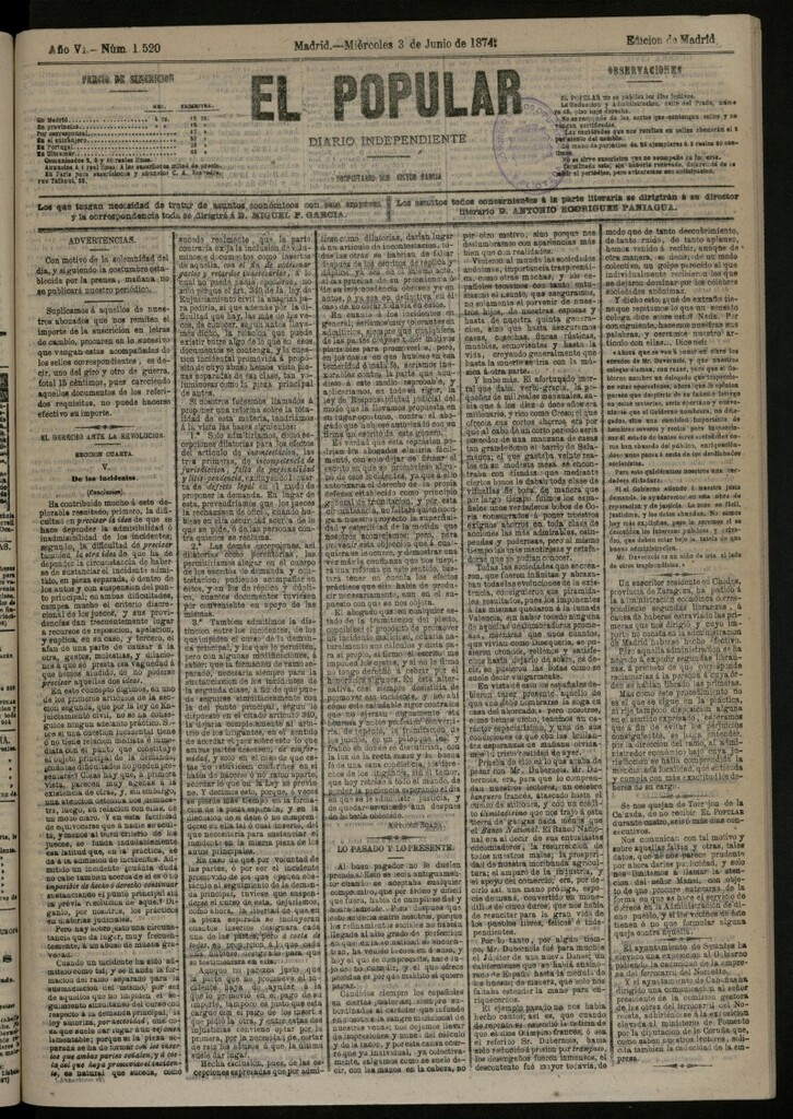 Miniatura de El Popular: diario independiente, político, literario y de noticias de interés general del 3 de junio de 1874, nº 1520