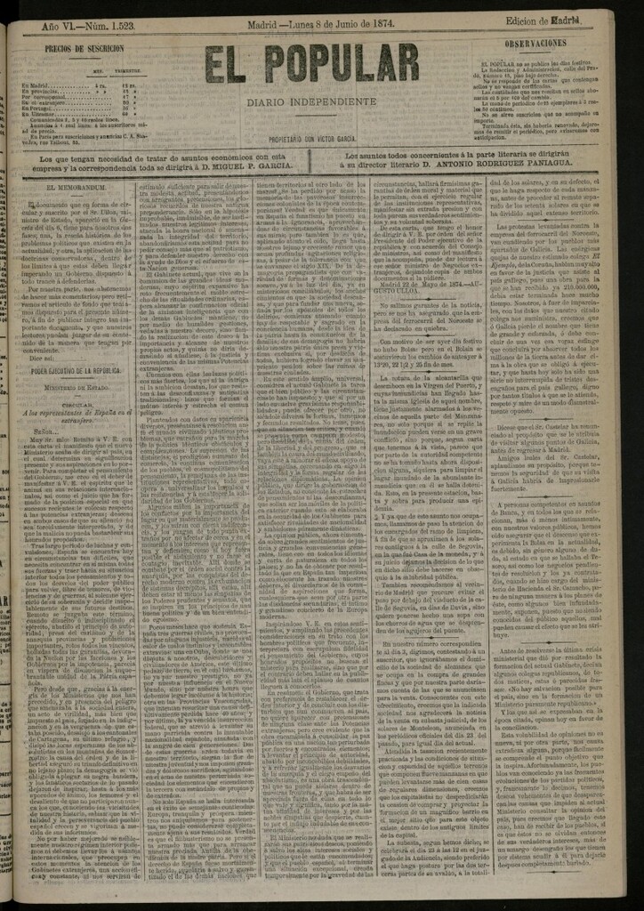 Miniatura de El Popular: diario independiente, político, literario y de noticias de interés general del 8 de junio de 1874, nº 1523
