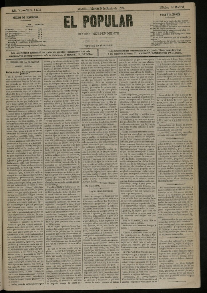 Miniatura de El Popular: diario independiente, político, literario y de noticias de interés general del 9 de junio de 1874, nº 1524