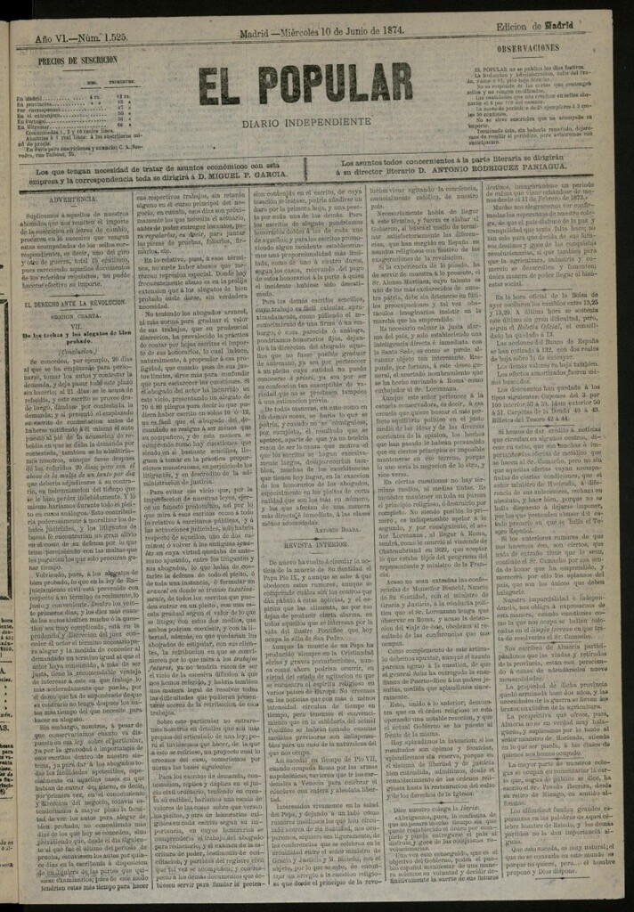 Miniatura de El Popular: diario independiente, político, literario y de noticias de interés general del 10 de junio de 1874, nº 1525