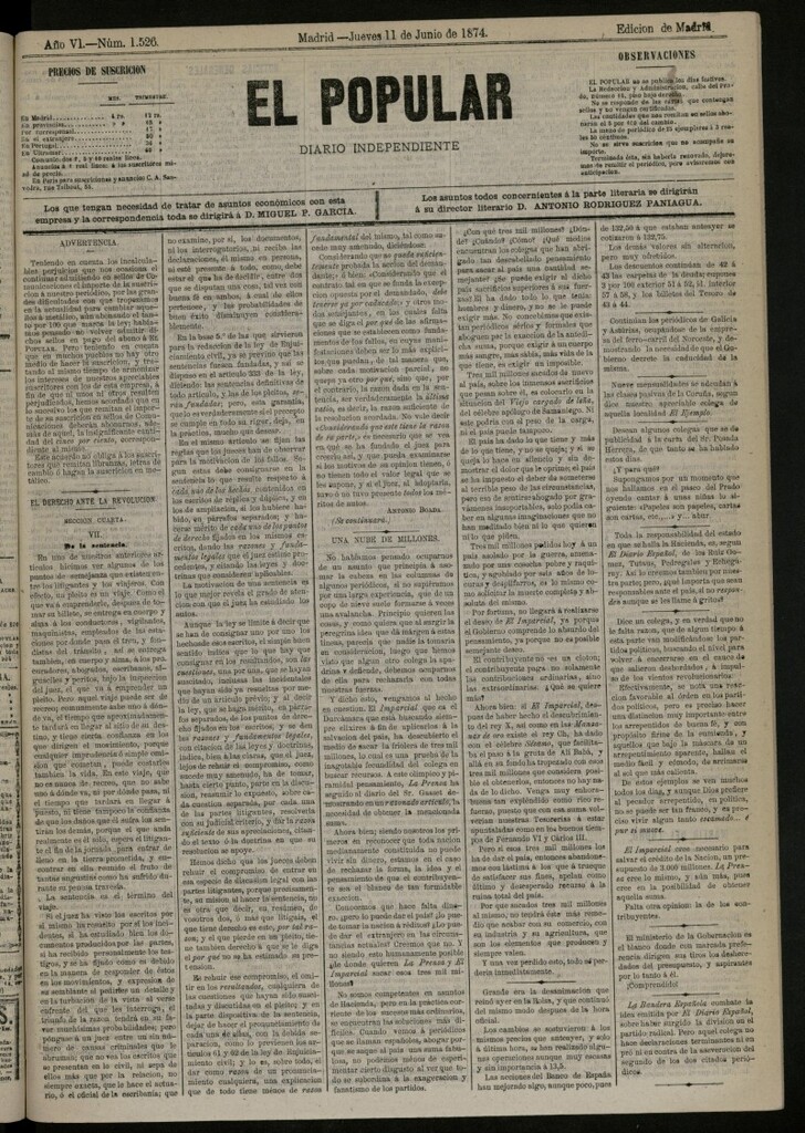 Miniatura de El Popular: diario independiente, político, literario y de noticias de interés general del 11 de junio de 1874, nº 1526