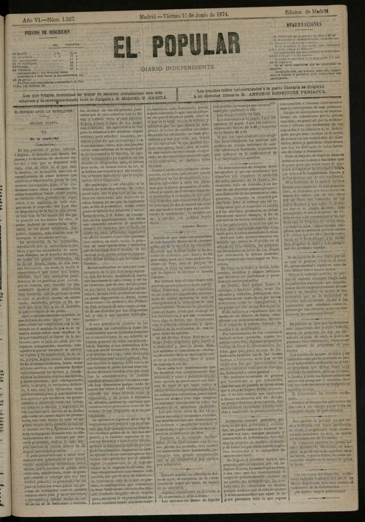 Miniatura de El Popular: diario independiente, político, literario y de noticias de interés general del 12 de junio de 1874, nº 1527