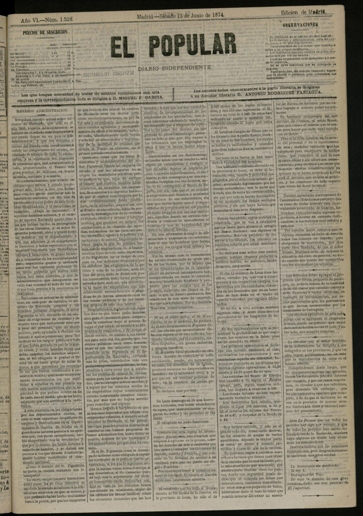 Miniatura de El Popular: diario independiente, político, literario y de noticias de interés general del 13 de junio de 1874, nº 1528
