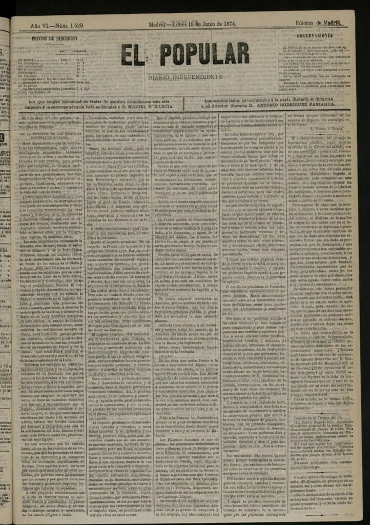 Miniatura de El Popular: diario independiente, político, literario y de noticias de interés general del 15 de junio de 1874, nº 1529