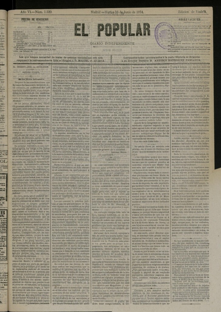 Miniatura de El Popular: diario independiente, político, literario y de noticias de interés general del 16 de junio de 1874, nº 1530