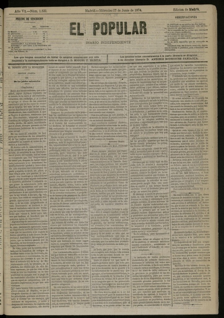 Miniatura de El Popular: diario independiente, político, literario y de noticias de interés general del 17 de junio de 1874, nº 1531