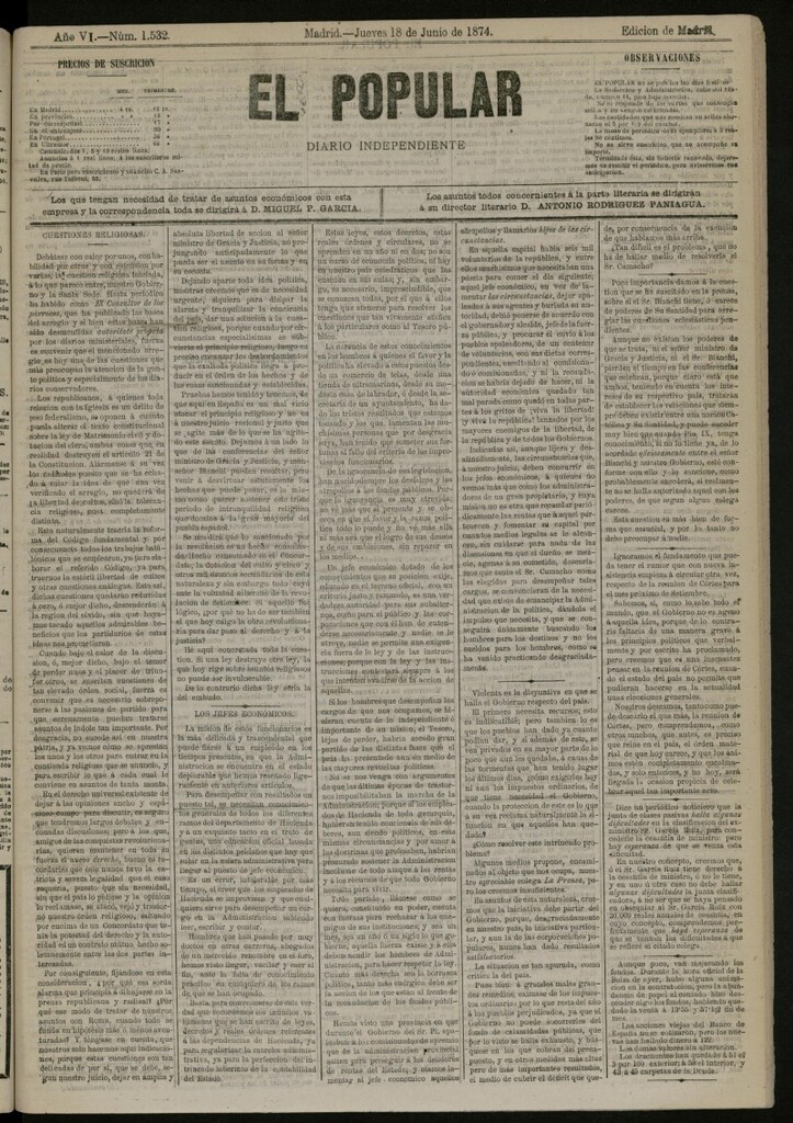 Miniatura de El Popular: diario independiente, político, literario y de noticias de interés general del 18 de junio de 1874, nº 1532