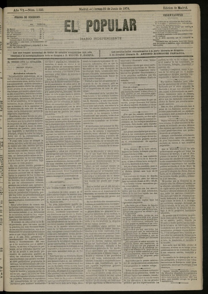 Miniatura de El Popular: diario independiente, político, literario y de noticias de interés general del 19 de junio de 1874, nº 1533