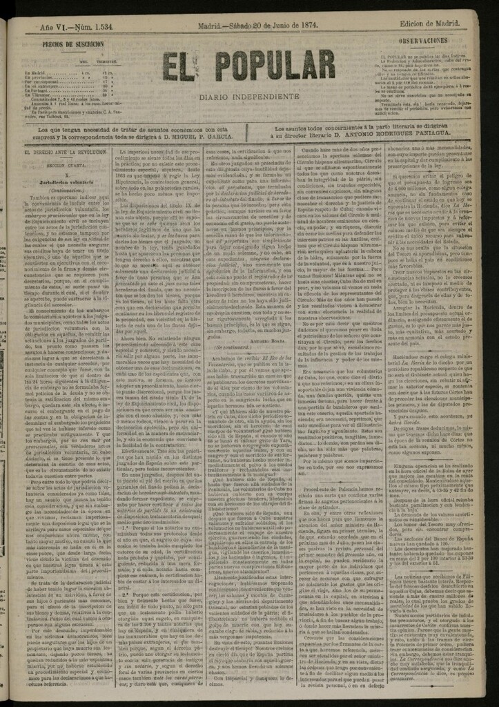Miniatura de El Popular: diario independiente, político, literario y de noticias de interés general del 20 de junio de 1874, nº 1534