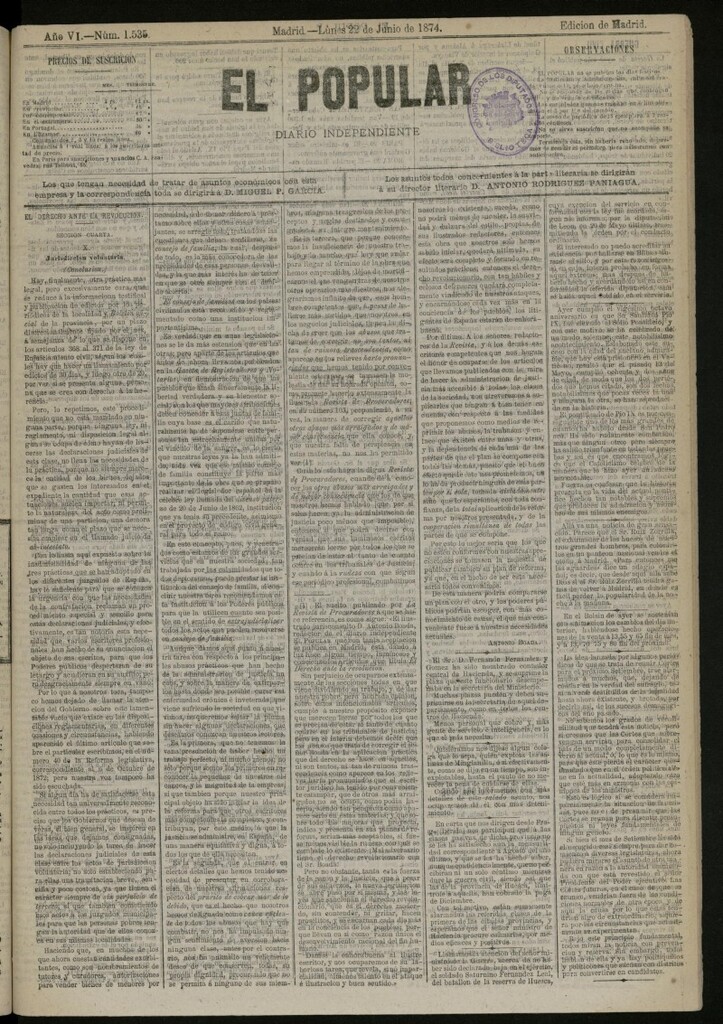 Miniatura de El Popular: diario independiente, político, literario y de noticias de interés general del 22 de junio de 1874, nº 1535