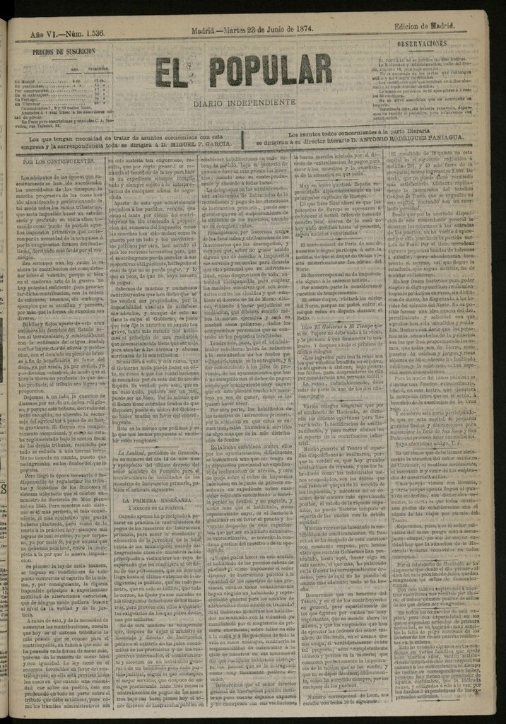 Miniatura de El Popular: diario independiente, político, literario y de noticias de interés general del 23 de junio de 1874, nº 1536