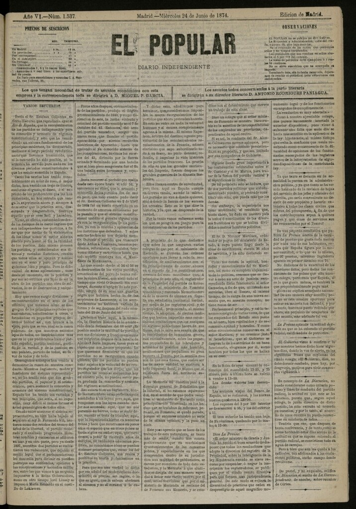 Miniatura de El Popular: diario independiente, político, literario y de noticias de interés general del 24 de junio de 1874, nº 1537
