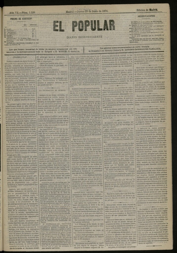 Miniatura de El Popular: diario independiente, político, literario y de noticias de interés general del 25 de junio de 1874, nº 1538