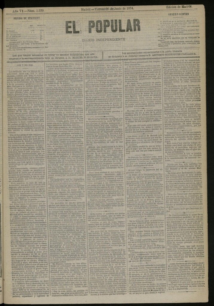 Miniatura de El Popular: diario independiente, político, literario y de noticias de interés general del 26 de junio de 1874, nº 1539