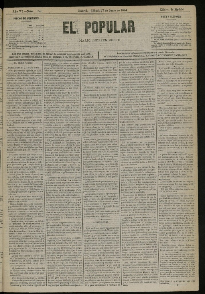 Miniatura de El Popular: diario independiente, político, literario y de noticias de interés general del 27 de junio de 1874, nº 1540