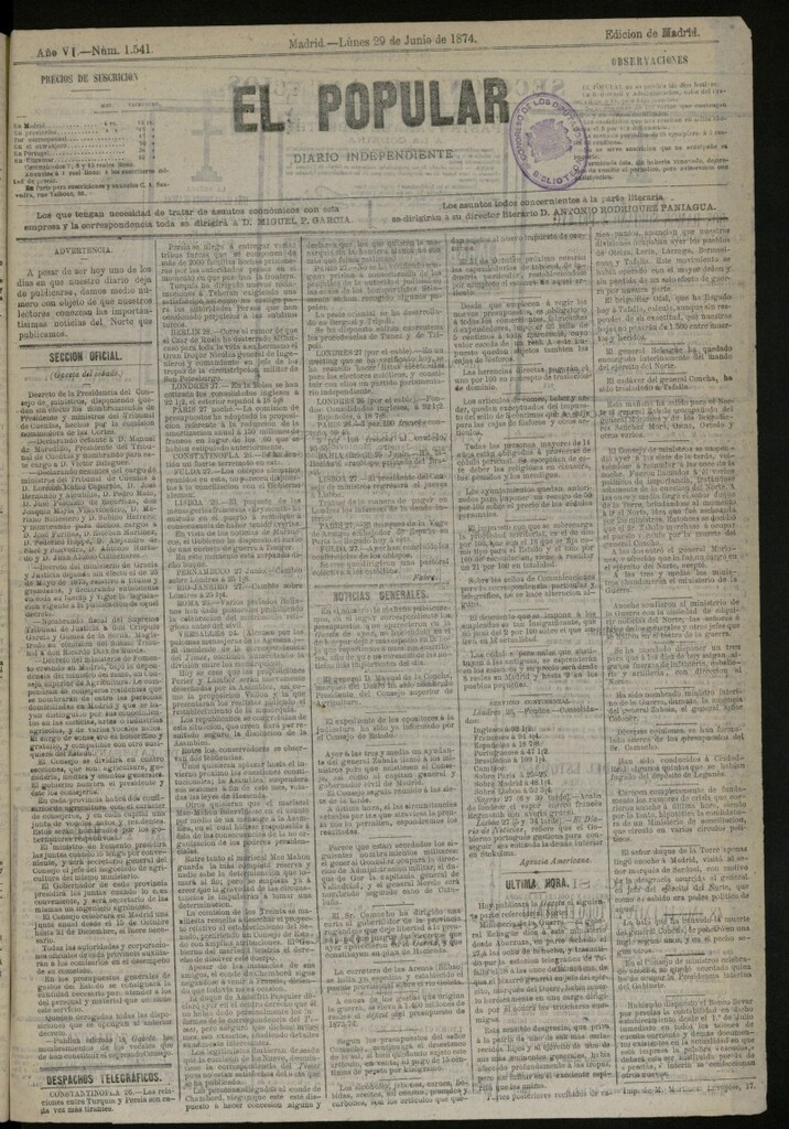 Miniatura de El Popular: diario independiente, político, literario y de noticias de interés general del 29 de junio de 1874, nº 1541