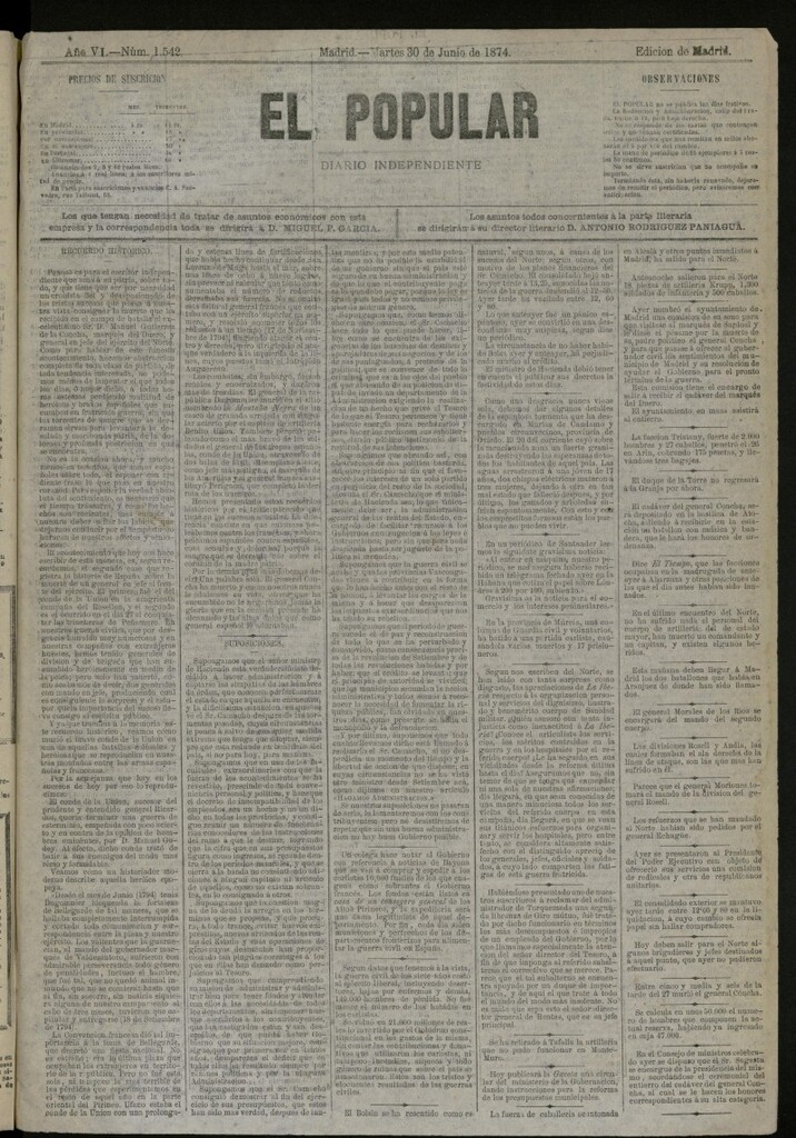 Miniatura de El Popular: diario independiente, político, literario y de noticias de interés general del 30 de junio de 1874, nº 1542