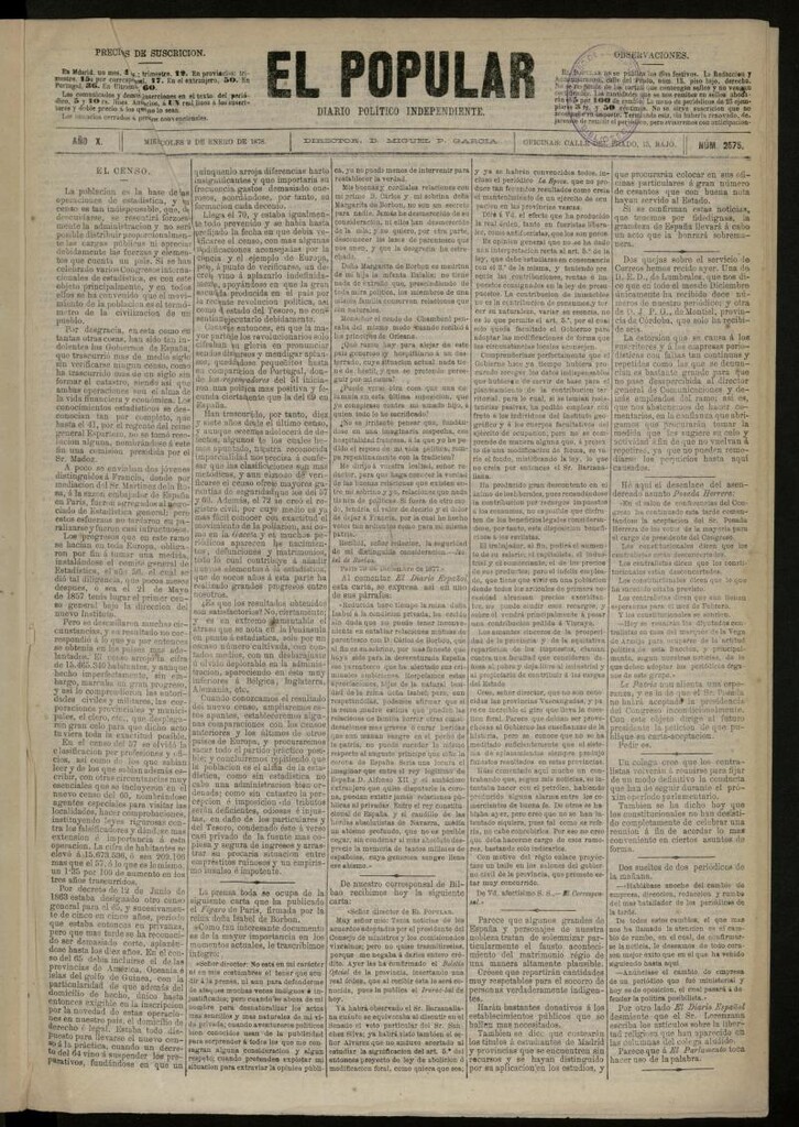 Miniatura de El Popular: diario independiente, político, literario y de noticias de interés general del 2 de enero de 1878, nº 2575