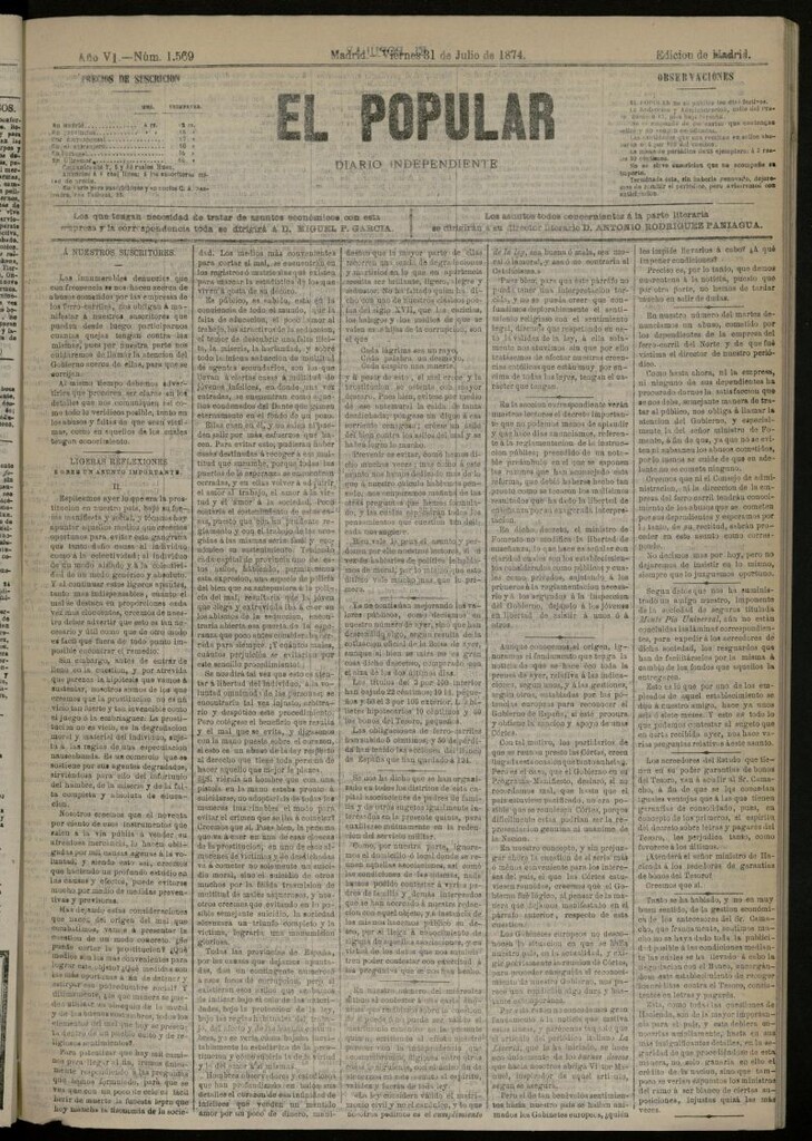 Miniatura de El Popular: diario independiente, político, literario y de noticias de interés general del 31 de julio de 1874, nº 1569