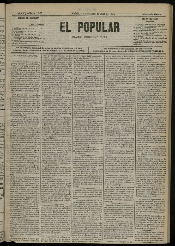 Miniatura de El Popular: diario independiente, político, literario y de noticias de interés general del 29 de julio de 1874, nº 1567