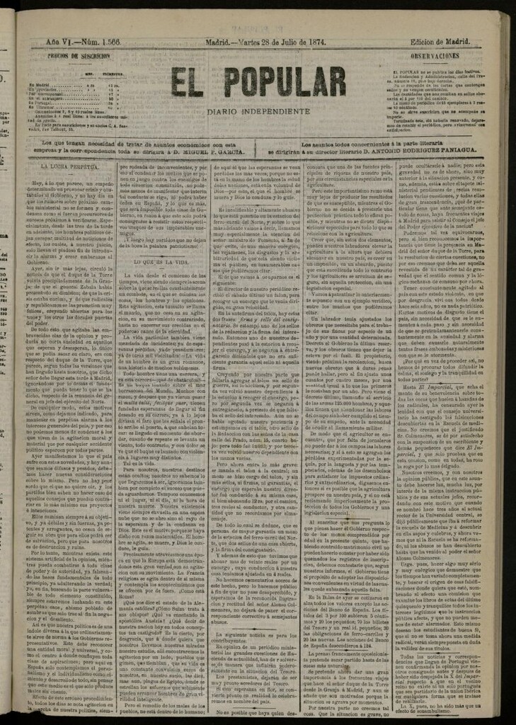 Miniatura de El Popular: diario independiente, político, literario y de noticias de interés general del 28 de julio de 1874, nº 1566