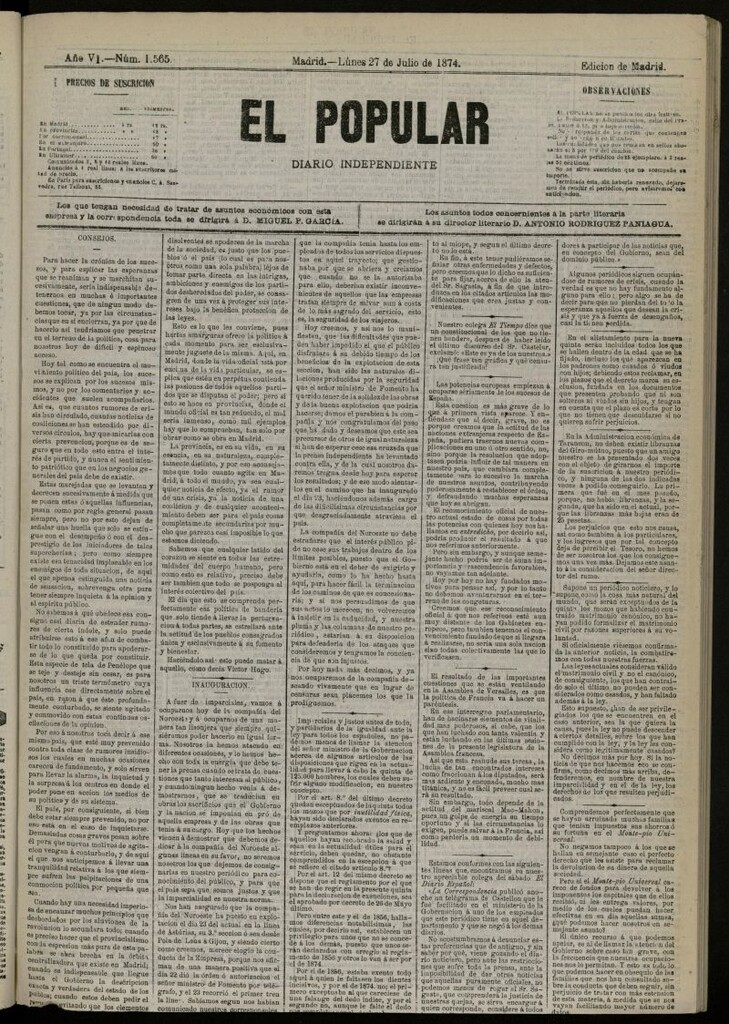 Miniatura de El Popular: diario independiente, político, literario y de noticias de interés general del 27 de julio de 1874, nº 1565