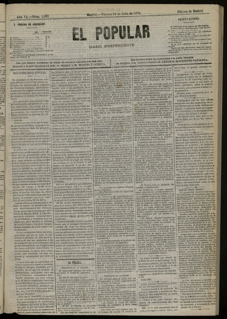 Miniatura de El Popular: diario independiente, político, literario y de noticias de interés general del 24 de julio de 1874, nº 1563