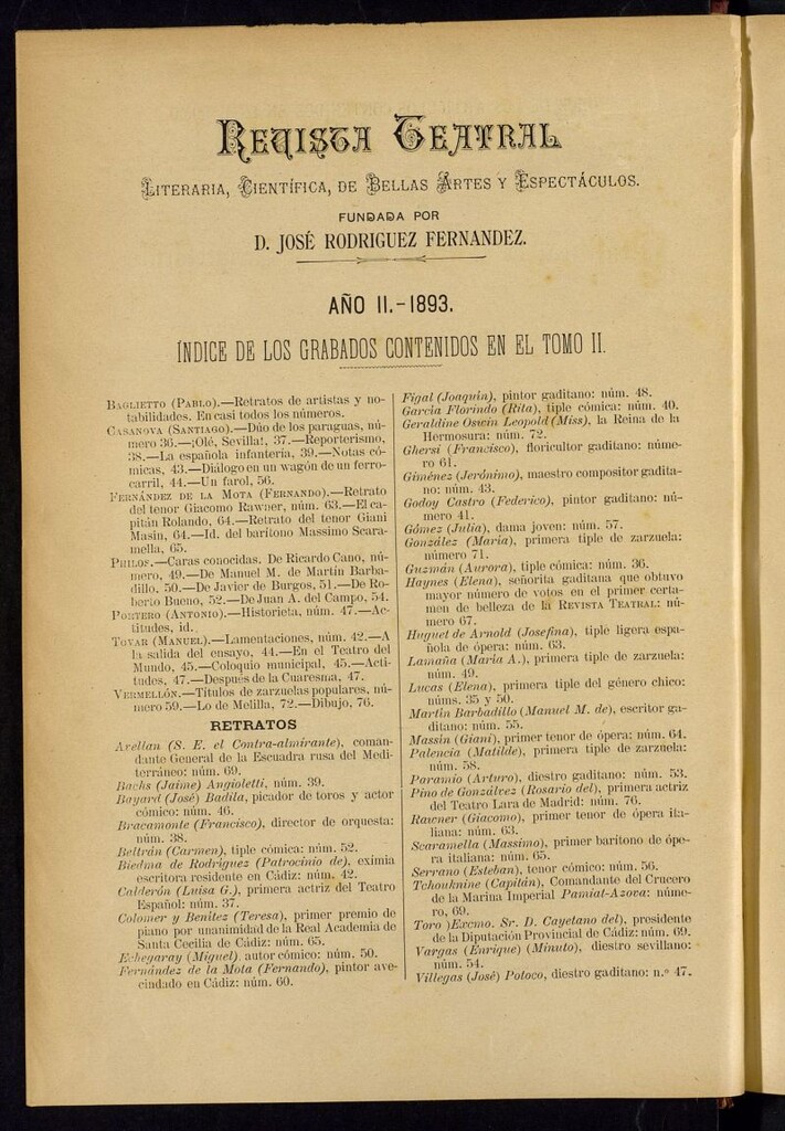 Miniatura de Revista Teatral, Literaria, Científica, de Bellas Artes y Espectáculos. 1893 Índices