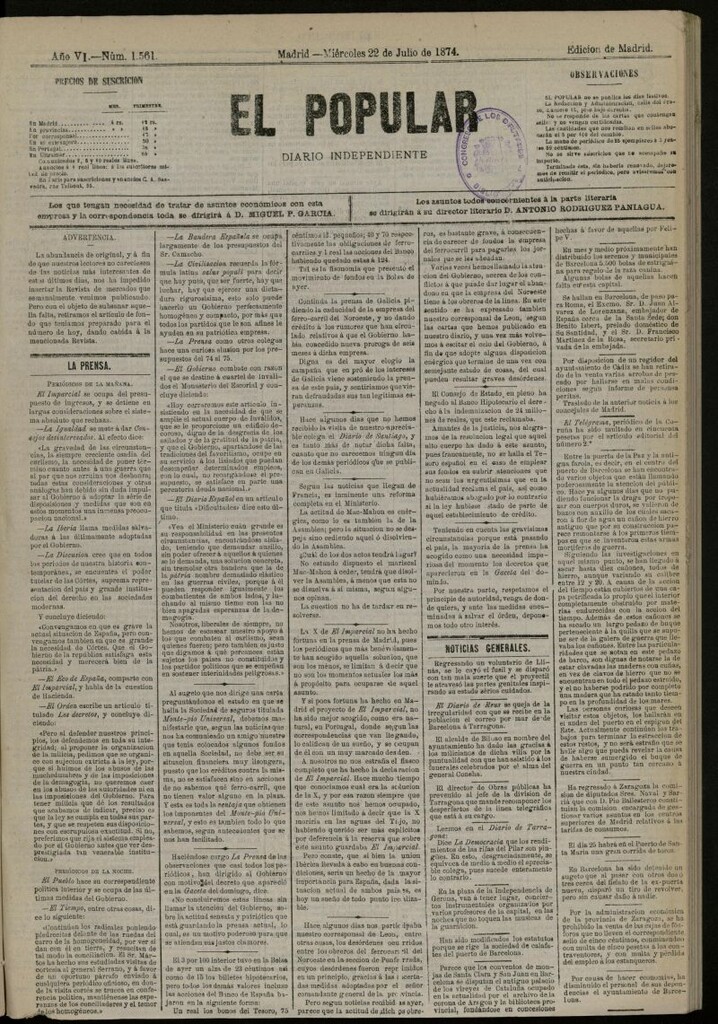 Miniatura de El Popular: diario independiente, político, literario y de noticias de interés general del 22 de julio de 1874, nº 1561