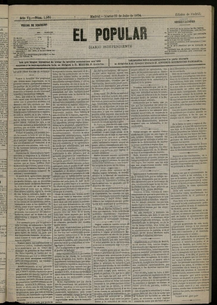 Miniatura de El Popular: diario independiente, político, literario y de noticias de interés general del 21 de julio de 1874, nº 1560