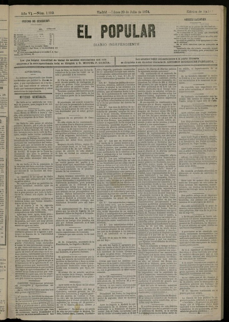Miniatura de El Popular: diario independiente, político, literario y de noticias de interés general del 20 de julio de 1874, nº 1559